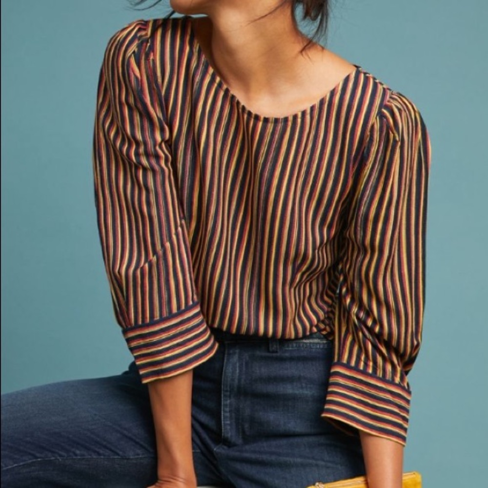 Anthropologie Meadow Rue. Striped Puff Quarter sleeved Blouse. 21” pit to pit.